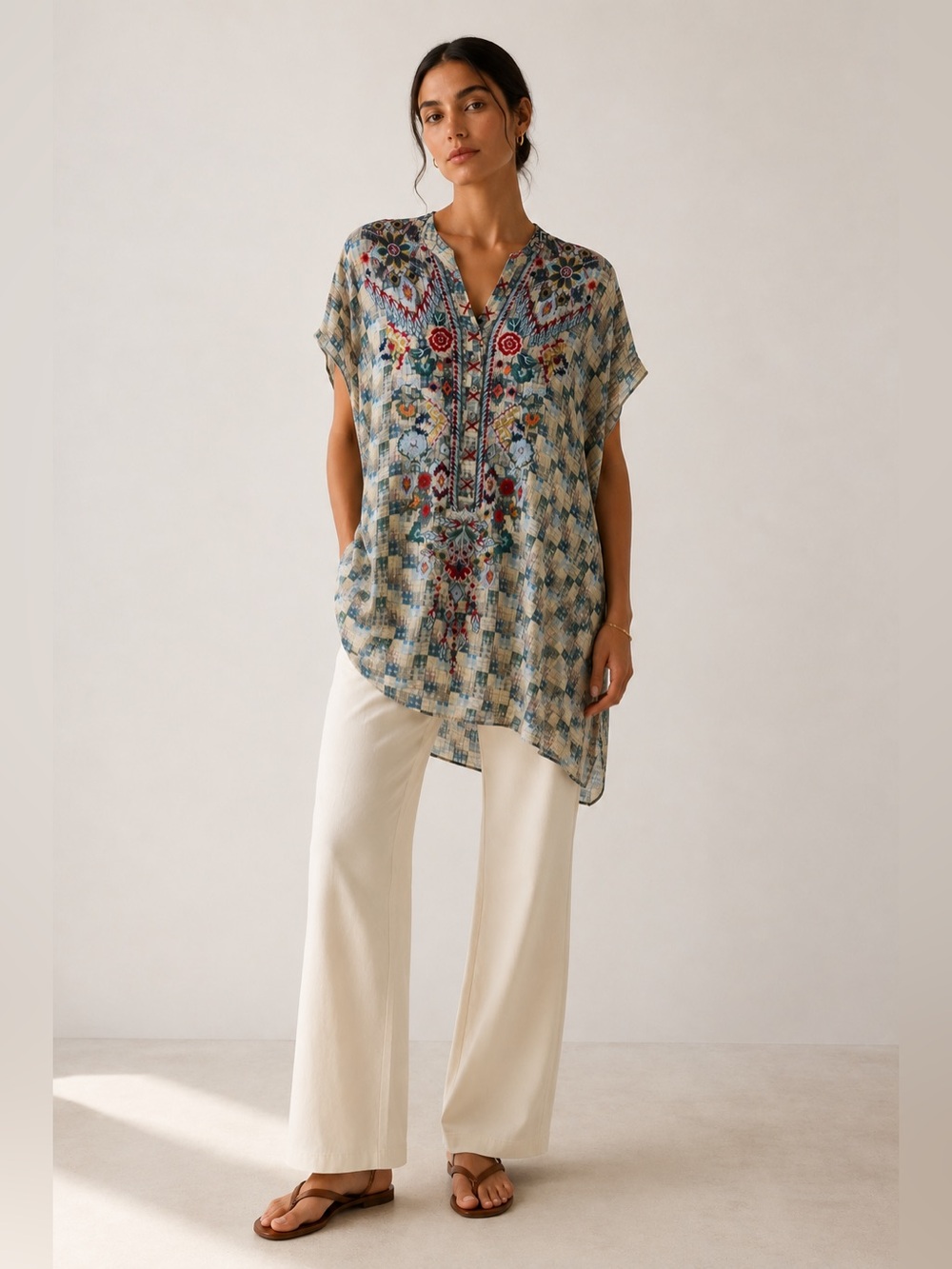 Johnny Was 100% Silk Embroidered Plaid Caftan Tunic One Size